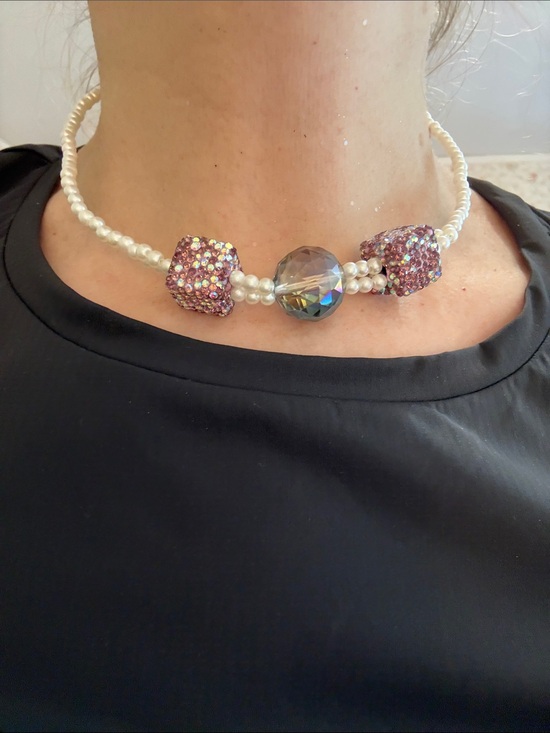 Jewelry - Hand-crafted Pearl Choker Necklace with Purple Crystal Beads